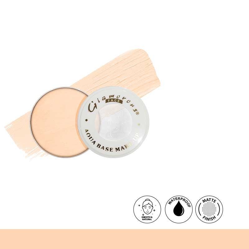 Glowing Skin Aqua Base Make-up with packaging and features on a white background