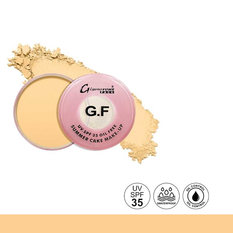 Makeup compact with 'Glamorous Face' branding on a white background