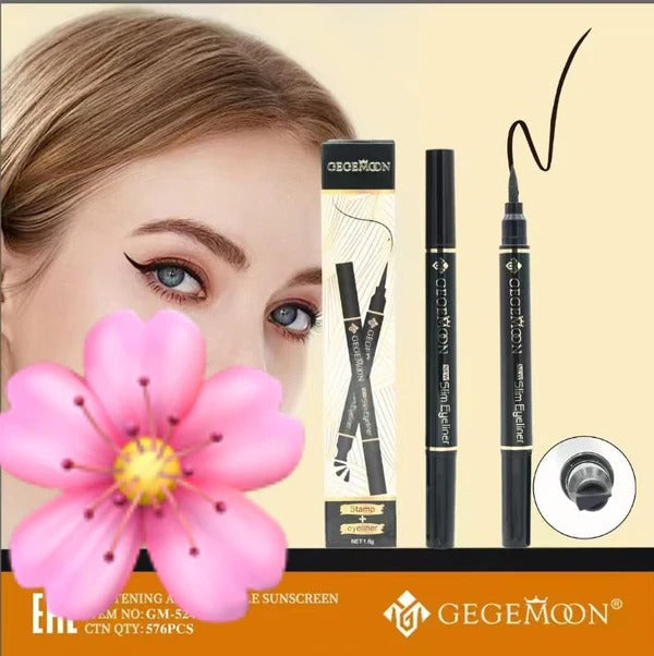 GEGE MOON eyeliner product with a model, pink flower, and packaging on a beige background