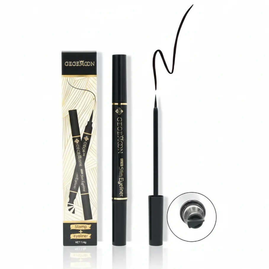 Black eyeliner pen with packaging and close-up of the tip on a white background
