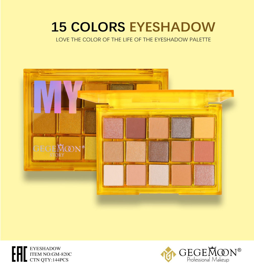 GEGEMOON eyeshadow palette with 15 colors on a yellow background