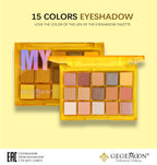 GEGEMOON eyeshadow palette with 15 colors on a yellow background