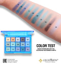 Eyeshadow swatches on a arm with a GEGE MOON palette and text.