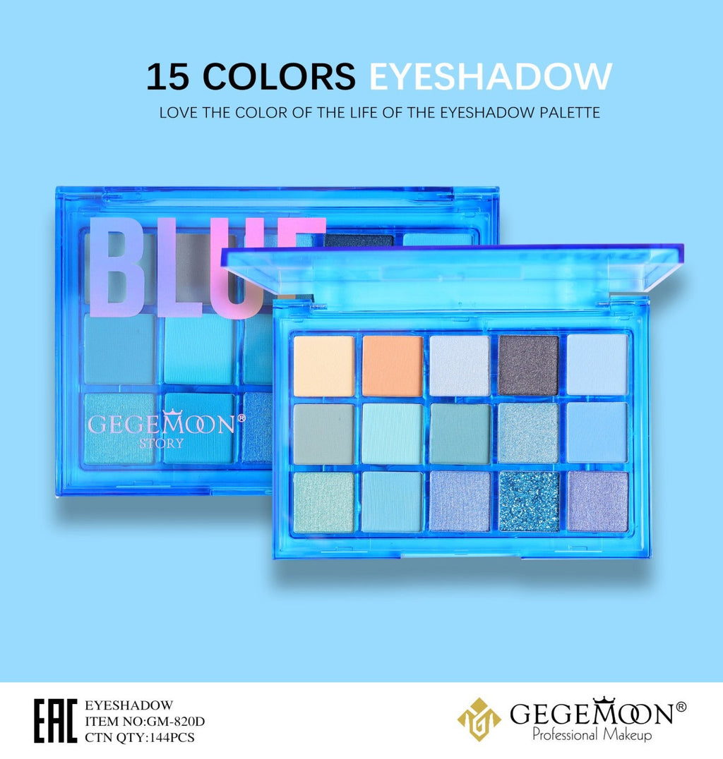 Blue eyeshadow palette with 15 colors on a light blue background, featuring the brand 'GEGEMOON'.