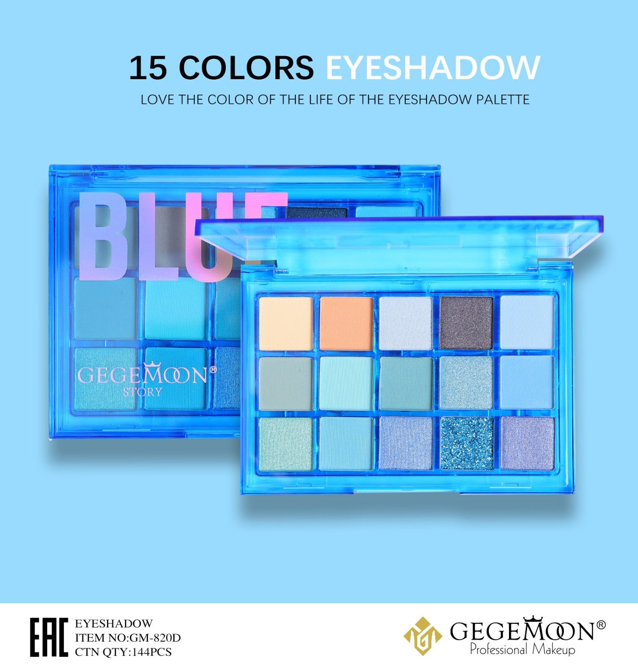 Blue eyeshadow palette with 15 colors on a light blue background, featuring the brand 'GEGEMOON'.