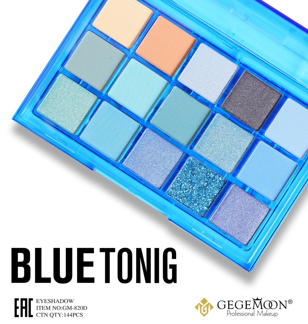 Makeup eyeshadow palette with blue tones and 'GEGEMOON' branding on a white background
