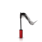 Mascara with red casing and black bristles on a white background