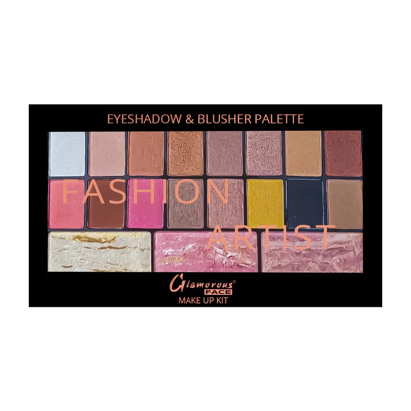 Makeup palette with various colors and 'Glamorous Face' branding on a white background