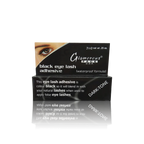 Black eye lash adhesive packaging with a close-up of an eye wearing false eyelashes.