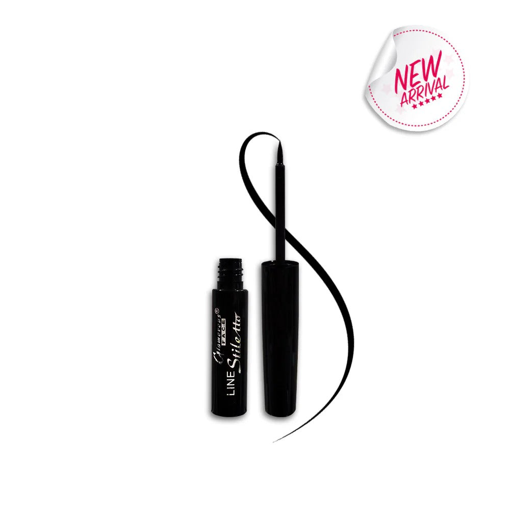 Glamorous face Black eyeliner with applicator on a white background, featuring a 'New Arrival' sticker.