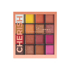 Makeup palette with colorful eyeshadows and 'Cherish' branding on a white background
