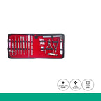 Manicure set with tools in a red case on a white background