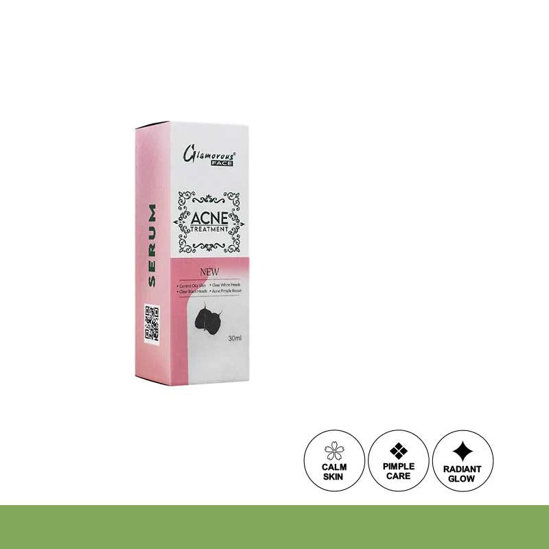 Acne serum packaging with brand logo and product features on a white background