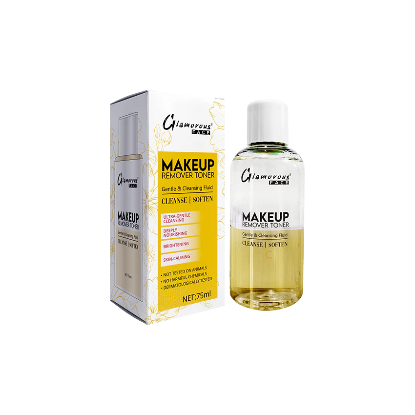 Makeup remover toner bottle and packaging on a white background
