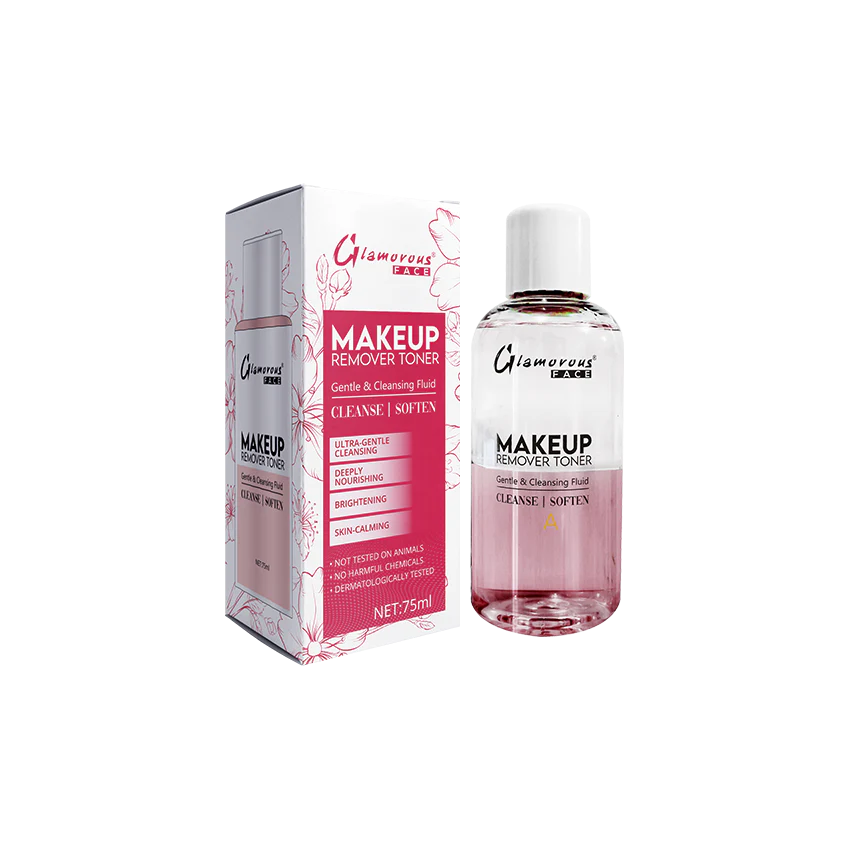 Makeup remover toner bottle and packaging on a white background