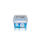 Small blue and clear container with a brand logo on a white background