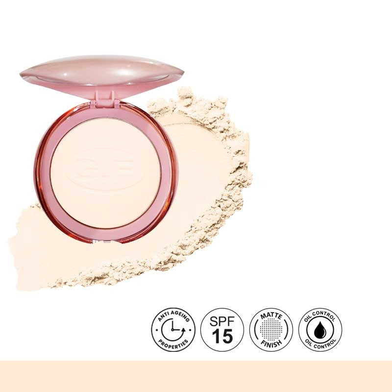 Compact powder with open lid showing powder, surrounded by product texture on a white background.