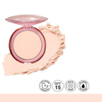 Compact powder with a pink case on a white background, featuring SPF 15, matte finish, and oil control icons.