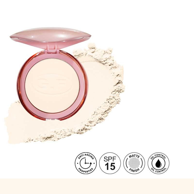 Compact powder with open lid showing pressed powder, on a white background with product features icons.