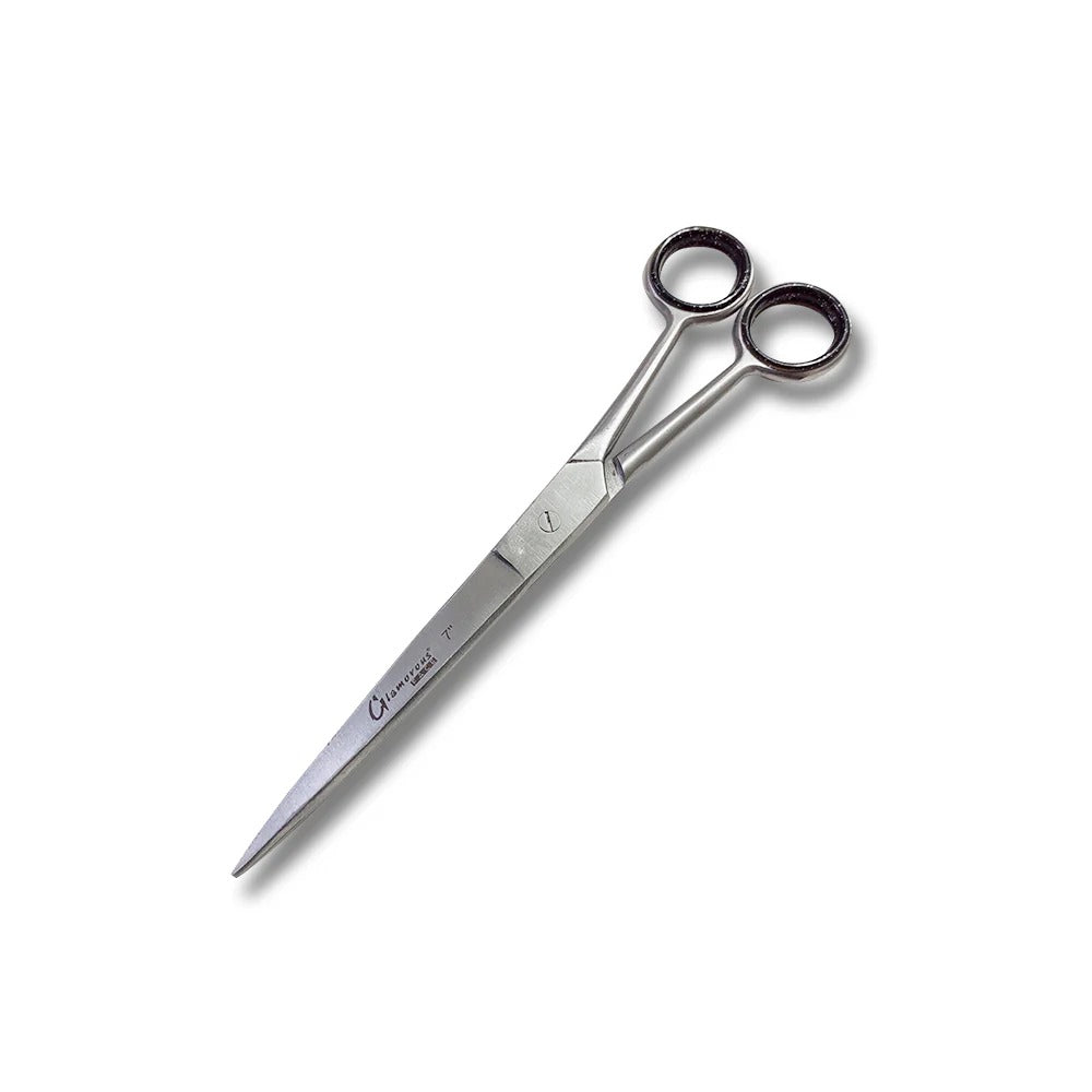 Pair of silver scissors on a white background