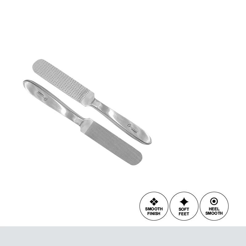 Two metal callus removal tools on a white background with icons indicating features.
