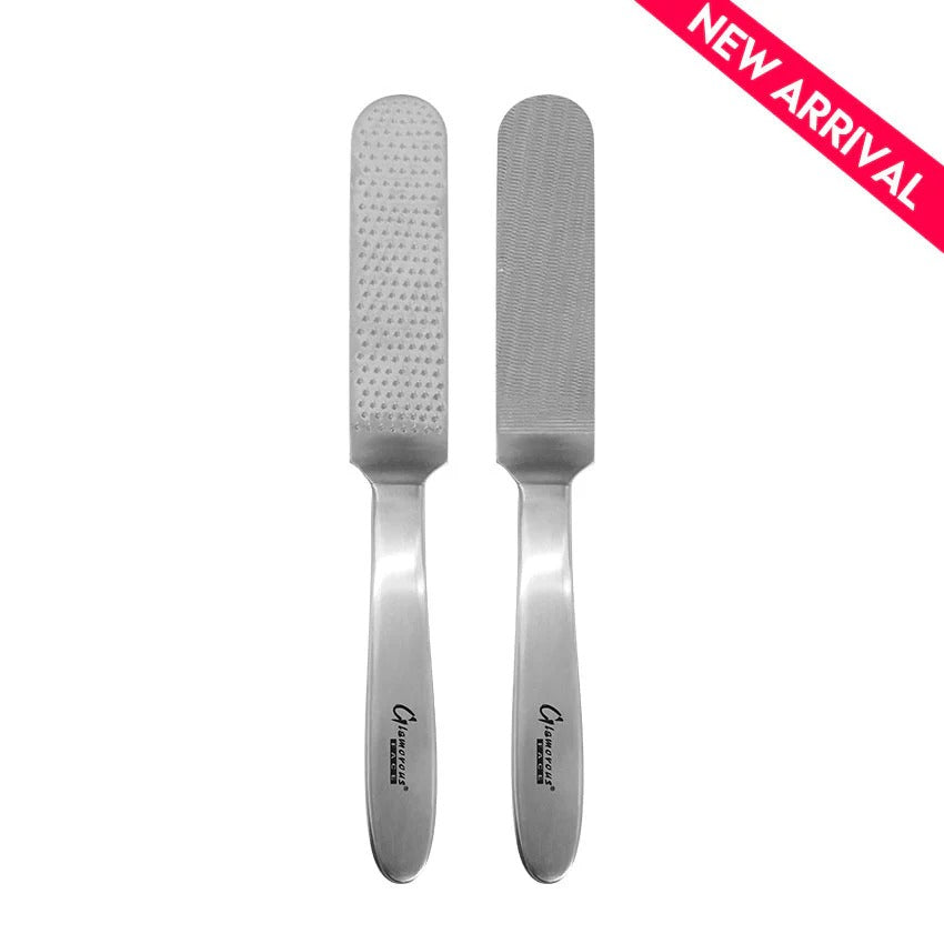 Two metal callus removal tools on a white background with 'New Arrival' label.