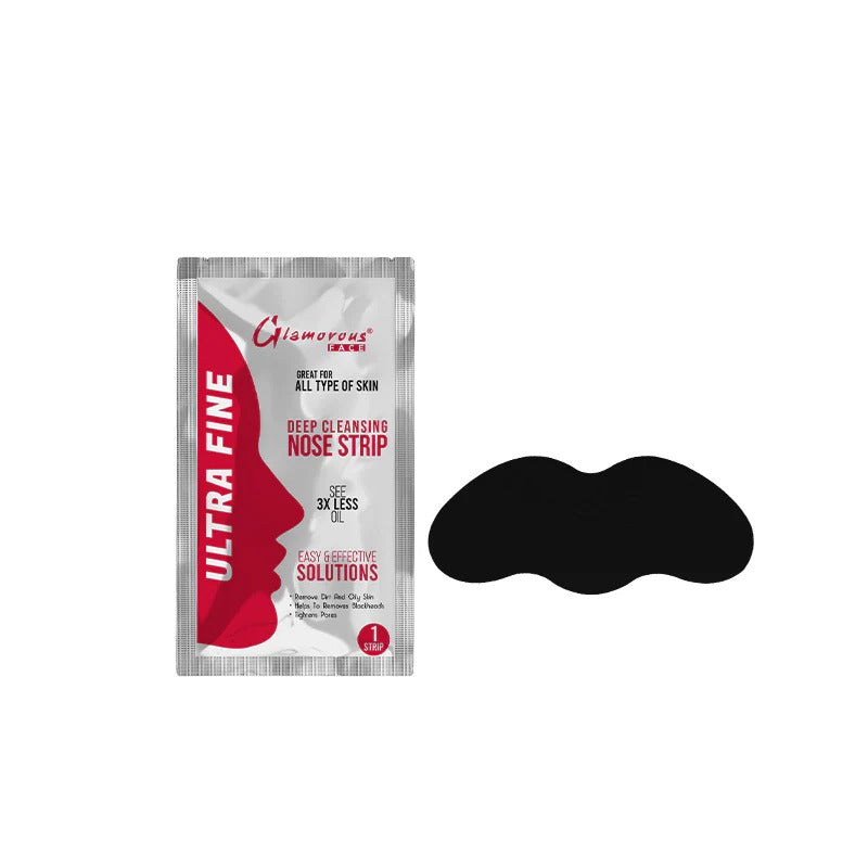 Glamorous Ultra Fine deep cleansing nose strip packaging with a black strip on a white background