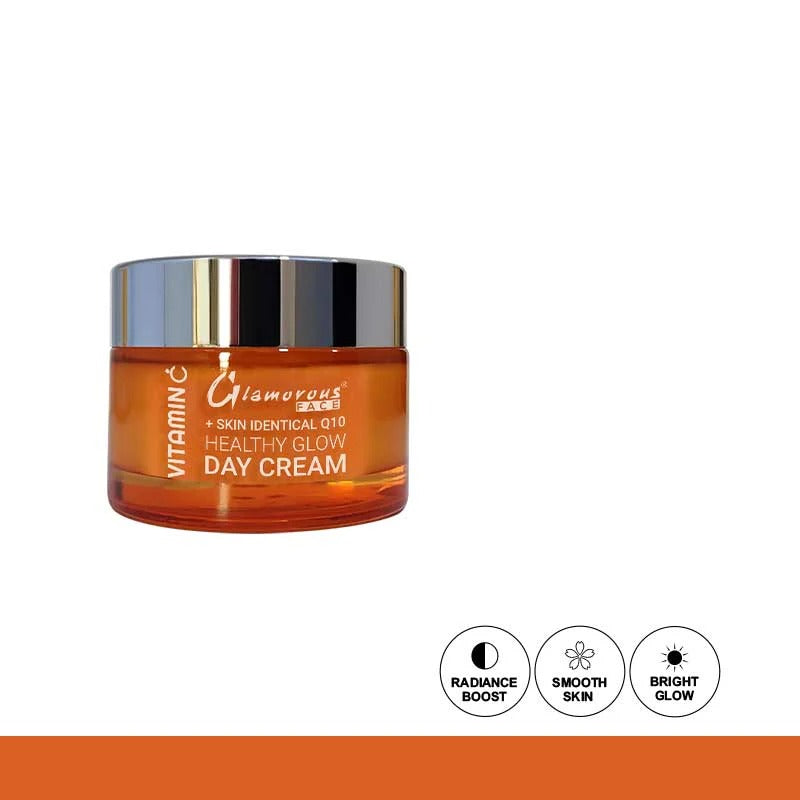Jar of Glamorous face Healthy Glow Day Cream with icons indicating benefits on a white background