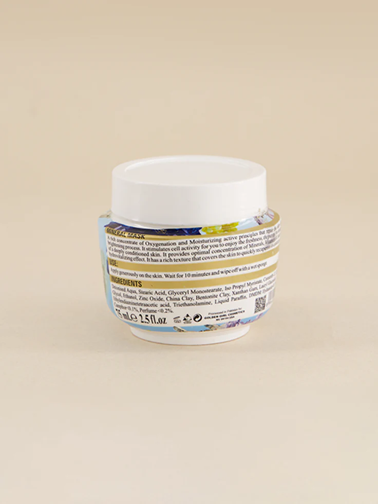 Jar of Golden Girl Cosmetics Mineral Mask on a beige background