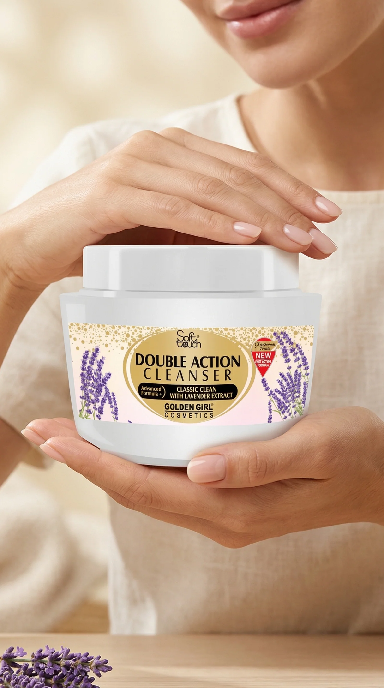 Person holding a jar of Golden Girl Double Action Cleanser with a focus on the product.