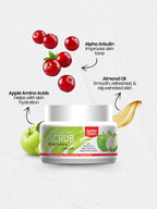 Container of Golden Pearl Apple Glow Facial Scrub with apple and cherry graphics on a white background