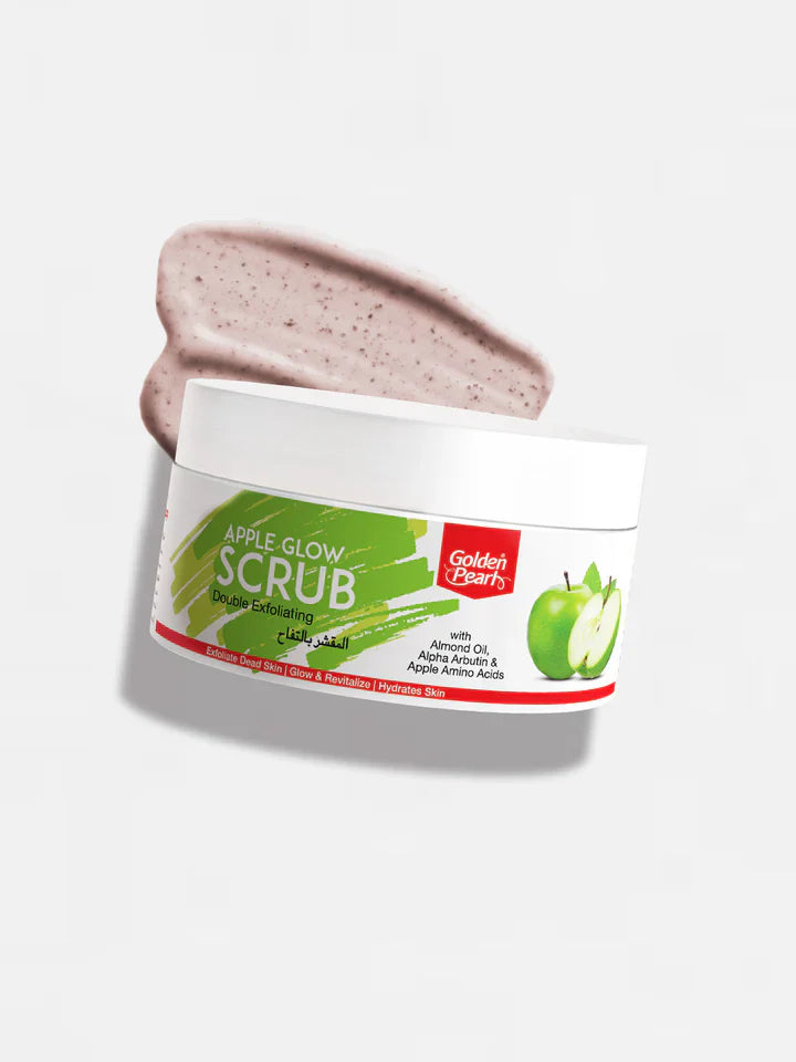 Jar of Golden Pearl Apple Glow Scrub with a swatch on a white background