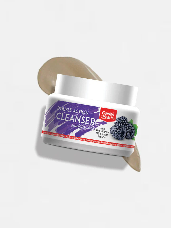 Golden Pearl Double Action Cleanser jar with a brush on a white background