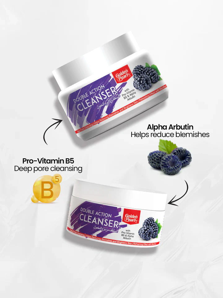 Double Action Cleanser packaging with ingredients and benefits on a white background