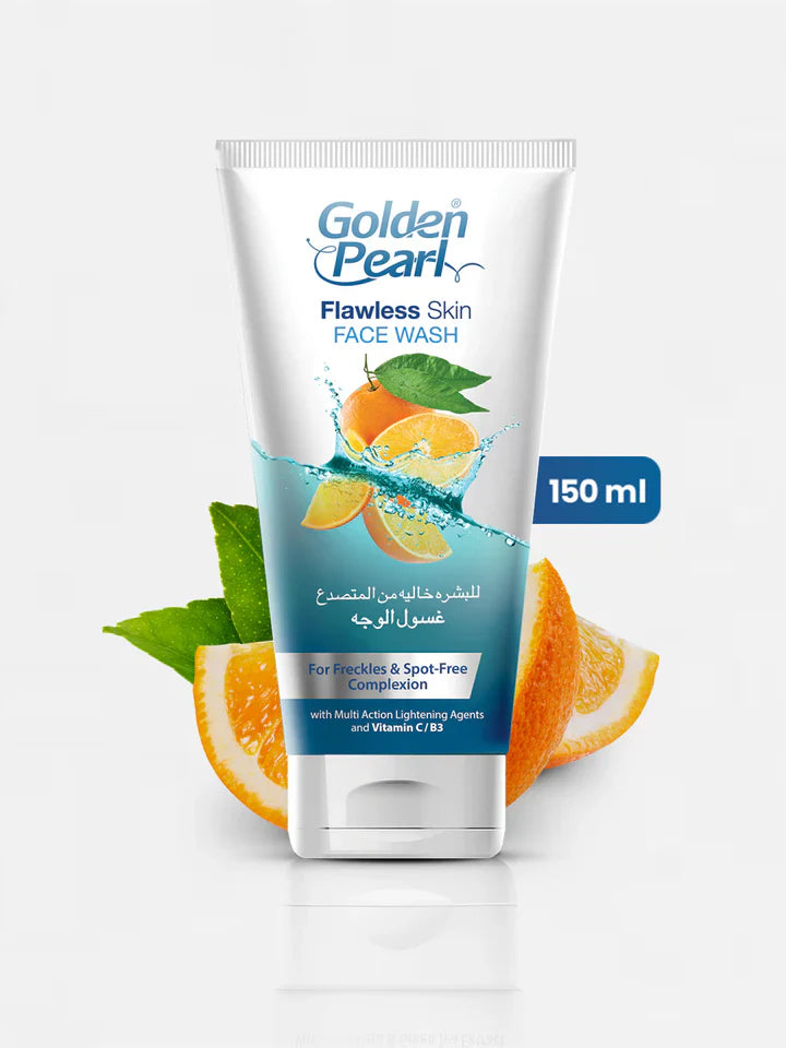 Golden Pearl Flawless Skin Face Wash tube with oranges and leaves on a white background