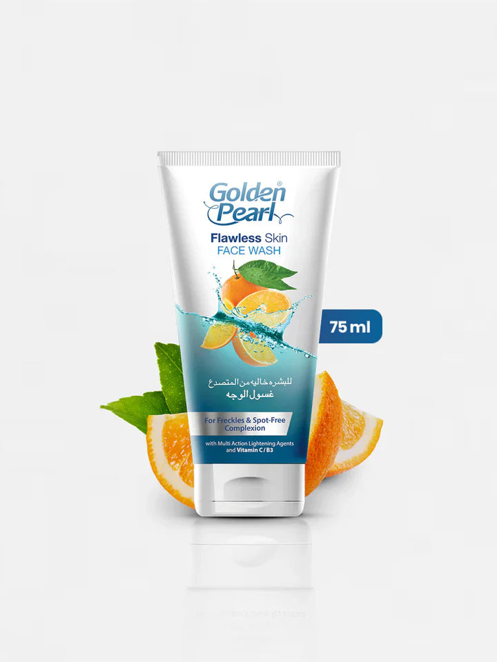 Golden Pearl Flawless Skin Face Wash tube with oranges and leaves on a white background