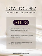 Instructions for using a double action cleanser with a beige background