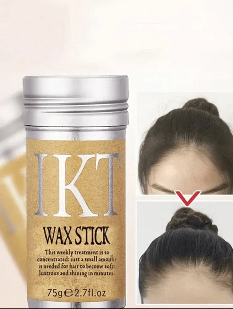 IKT Wax Stick with a close-up of hair before and after use on a white background