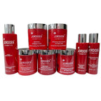 Red cosmetic jars with silver caps labeled 'Jordoen Cosmetics' on a white background