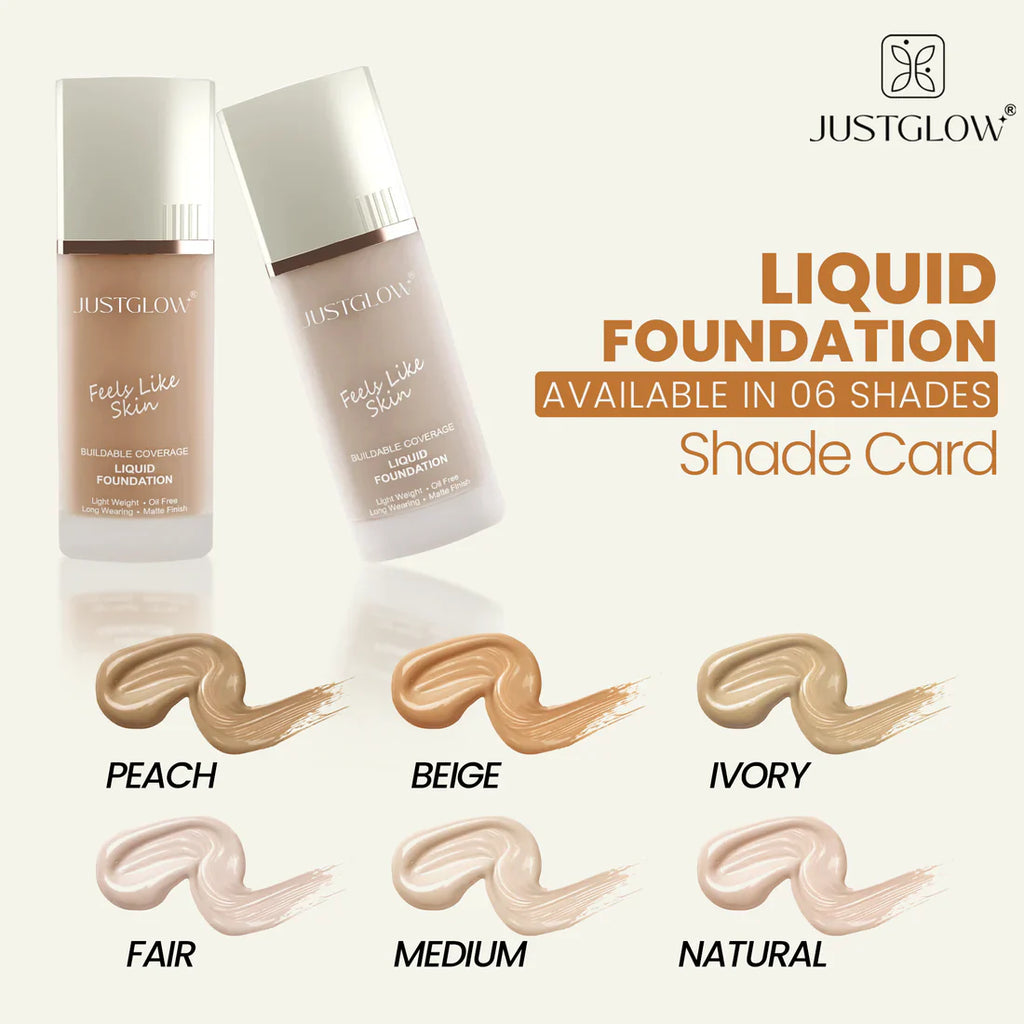 Justglow liquid foundation bottles with shade card on a white background