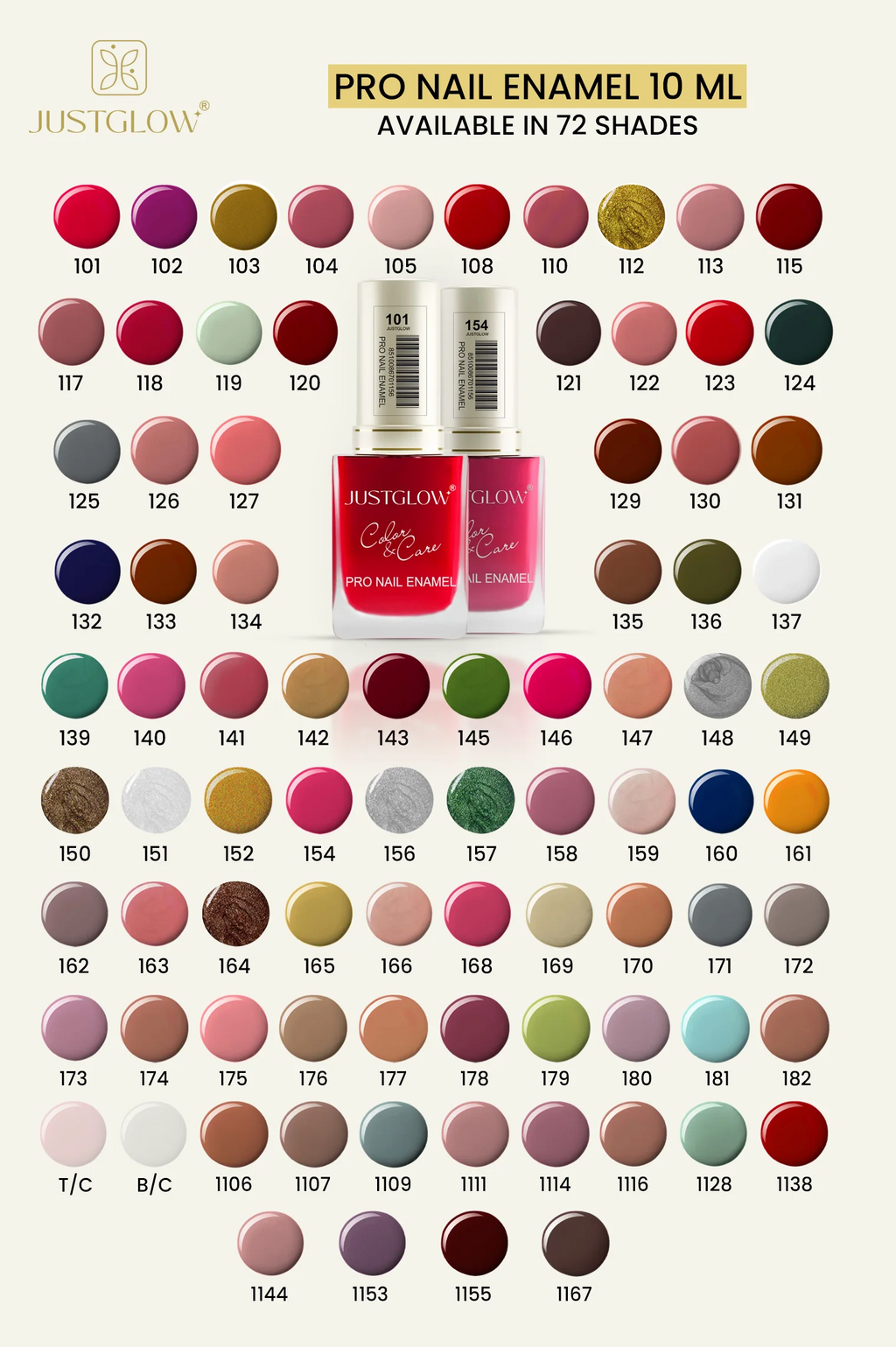 Just Glow nail enamel color chart with 72 shades and a bottle of nail enamel.