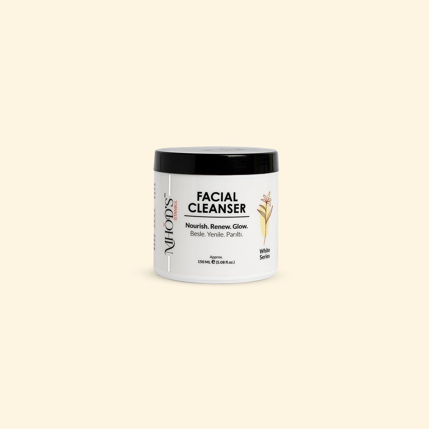 MHOD's Facial Cleanser jar with a white label on a beige background