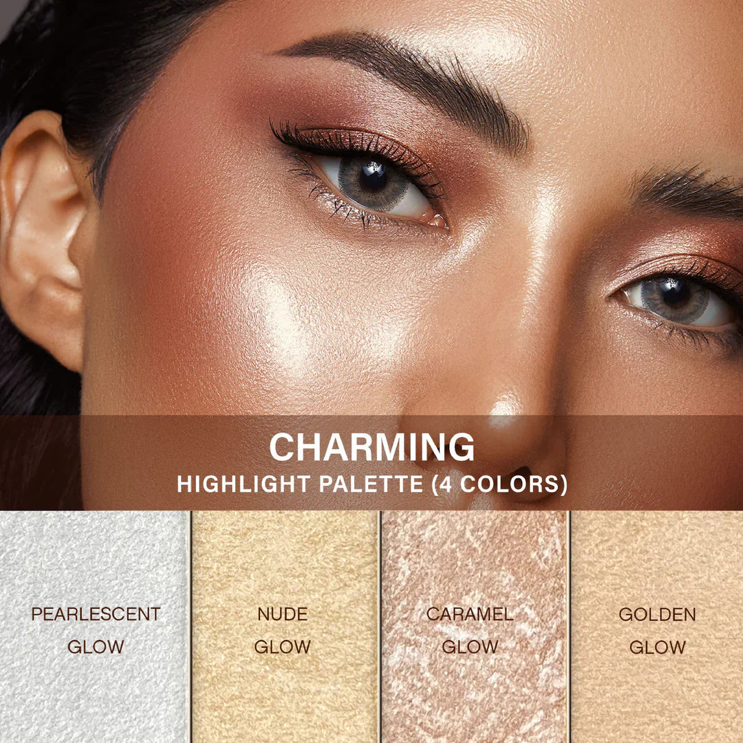 Makeup palette with 'Charming' highlighter shades and a close-up of a woman's face with highlighted skin.