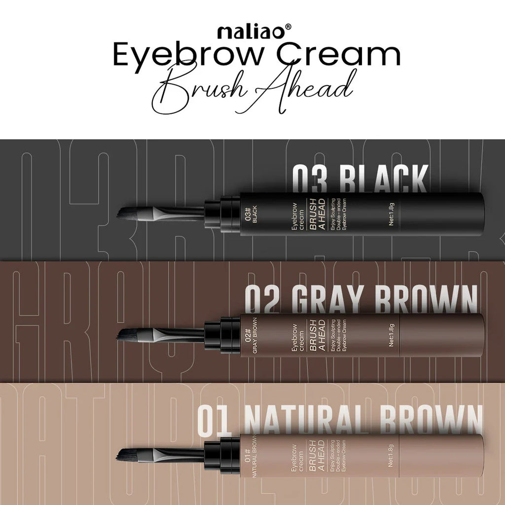 Three eyebrow cream tubes labeled 'Black', 'Gray Brown', and 'Natural Brown' on a gradient background.