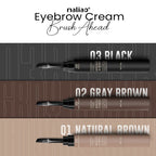Three eyebrow cream tubes labeled 'Black', 'Gray Brown', and 'Natural Brown' on a gradient background.
