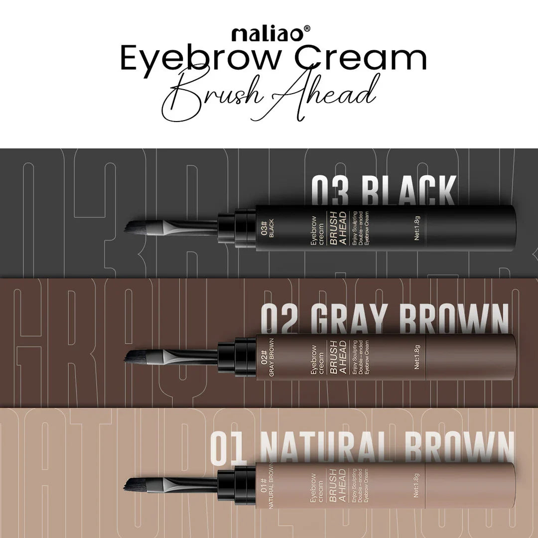 Three eyebrow cream tubes labeled 'Black', 'Gray Brown', and 'Natural Brown' on a gradient background.