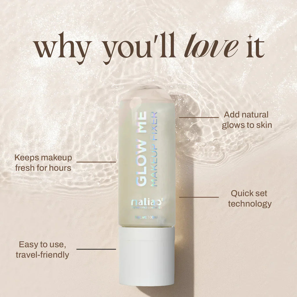 Maliao Glow Me Makeup Fixer with text highlighting its features on a beige background