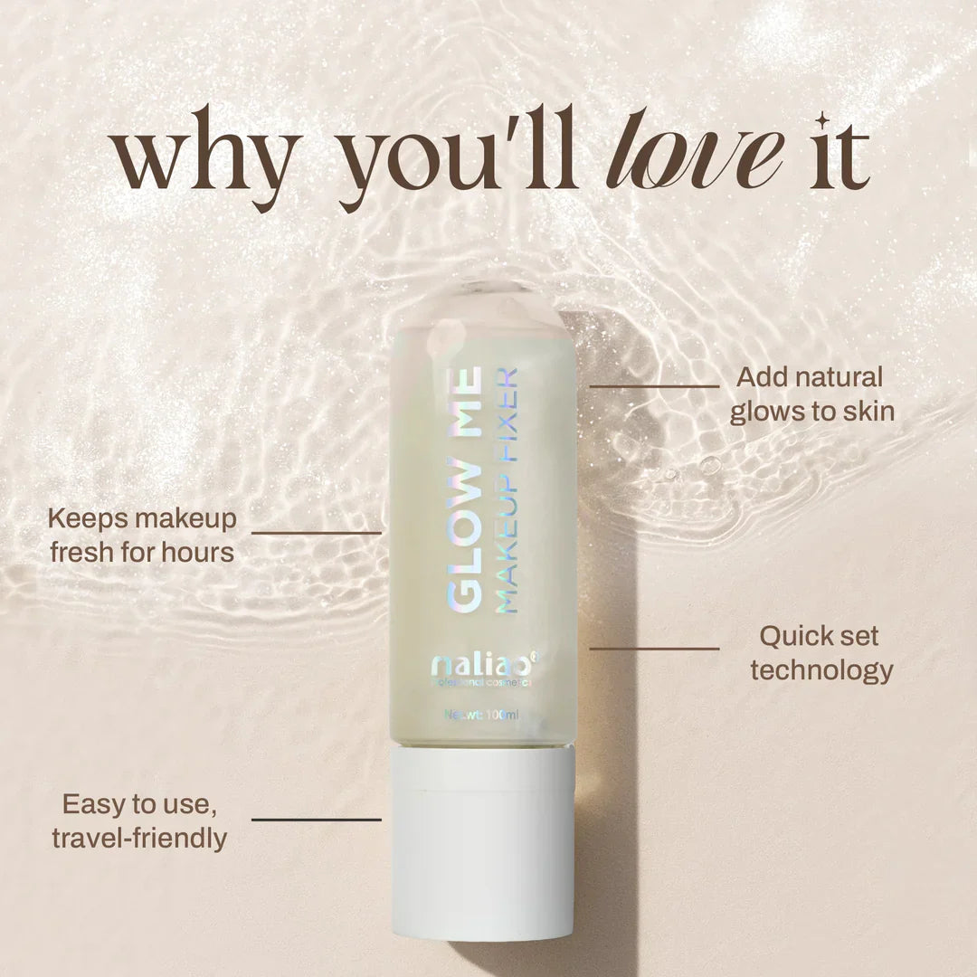 Maliao Glow Me Makeup Fixer with text highlighting its features on a beige background