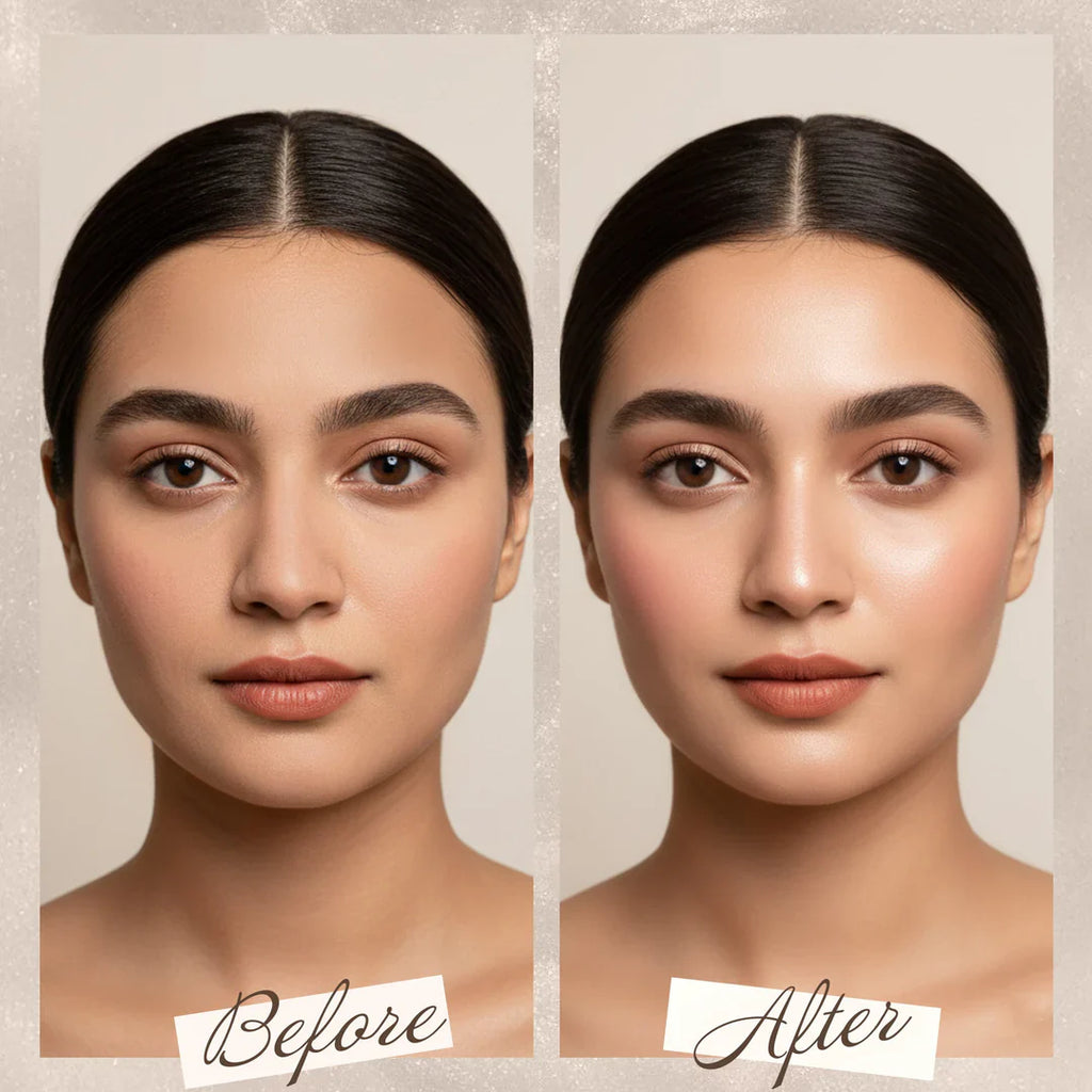 Before and after comparison of a woman's face using Maliao Glow Me Makeup Fixer