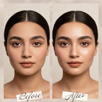 Before and after comparison of a woman's face using Maliao Glow Me Makeup Fixer